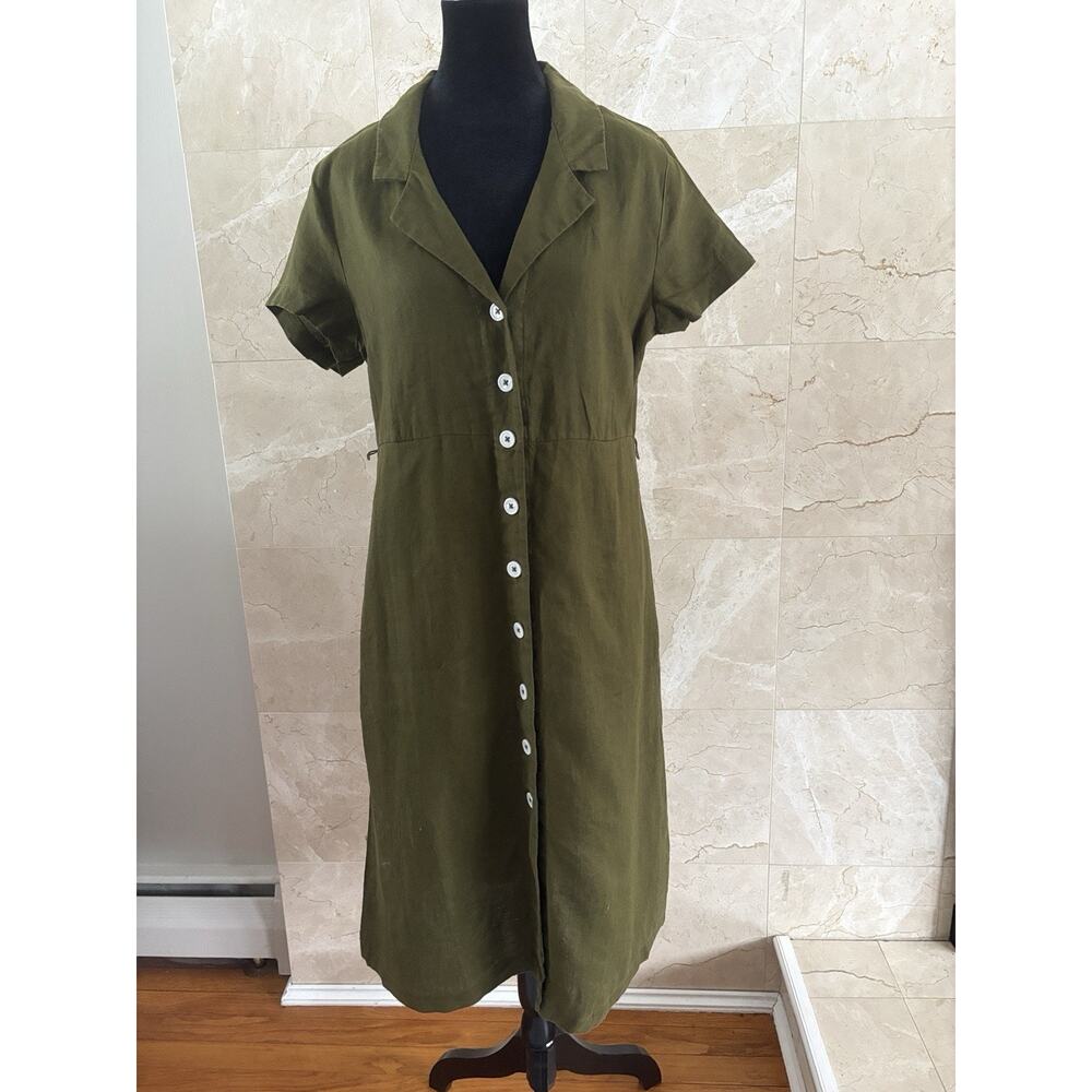 Quince European Linen Button Front Midi Dress - M Olive Green Spring Capsule - Picture 3 of 11